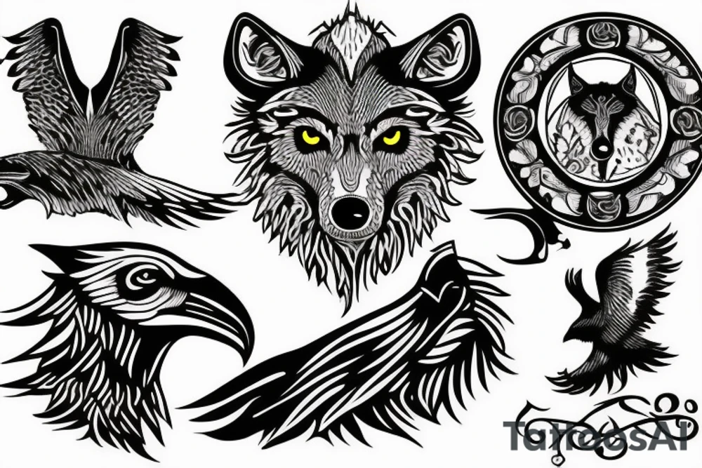Viking wolf into tree with raven tattoo idea