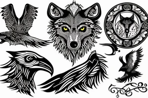 Viking wolf into tree with raven tattoo idea