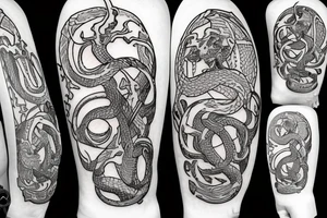 a sword attacking a shield and snakes around them tattoo idea