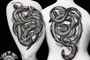 a sword attacking a shield and snakes around them tattoo idea