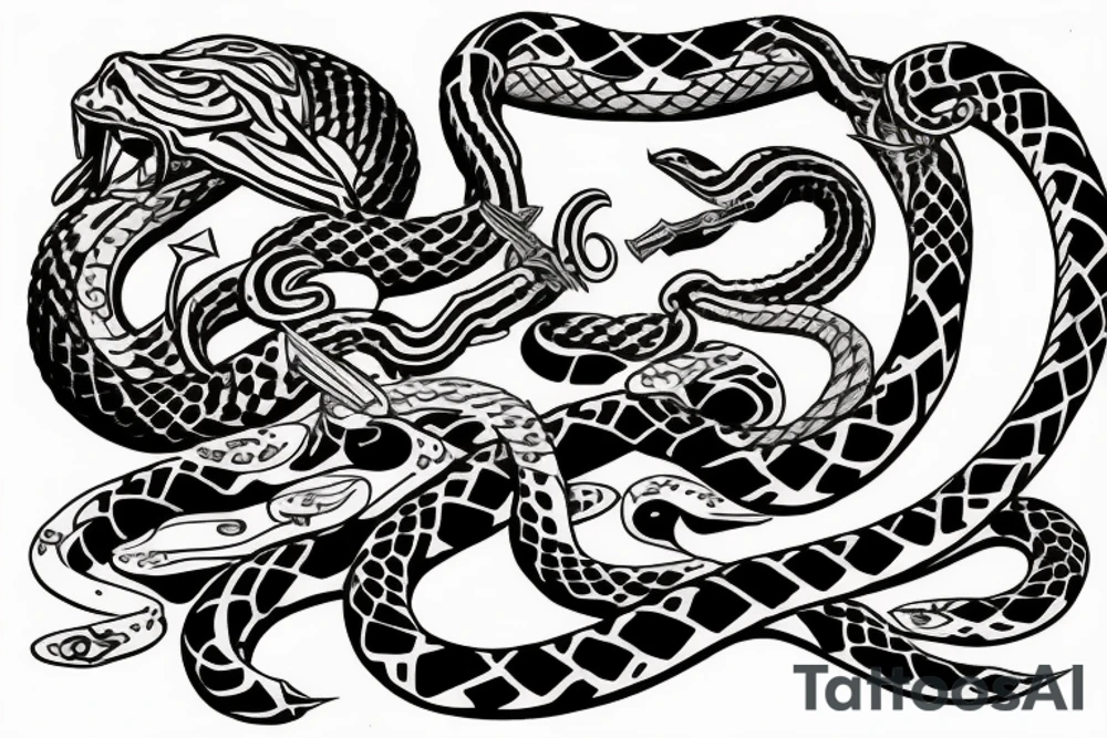 a sword attacking a shield and snakes around them tattoo idea