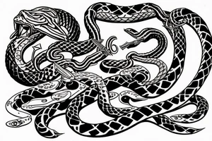 a sword attacking a shield and snakes around them tattoo idea