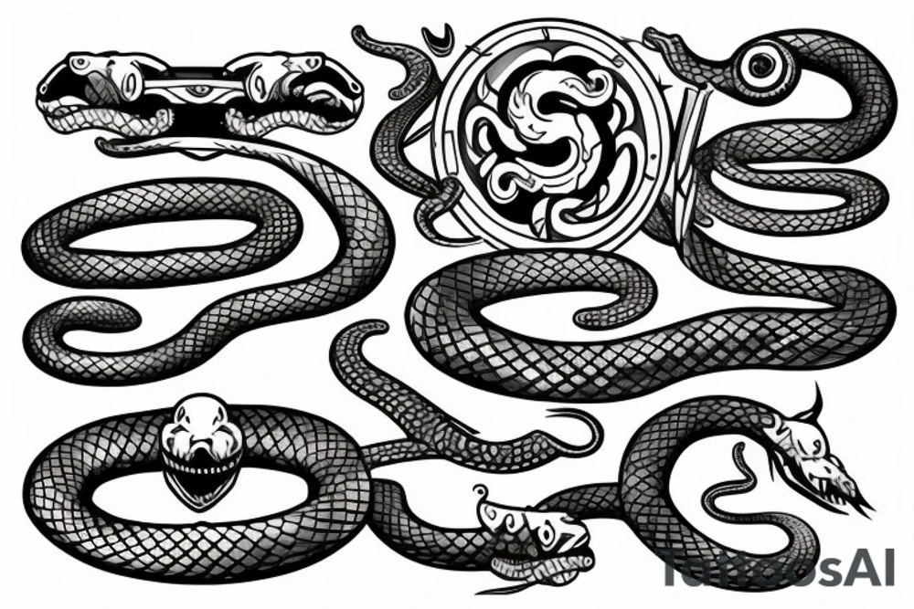 a sword attacking a shield and snakes around them tattoo idea