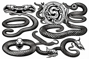a sword attacking a shield and snakes around them tattoo idea