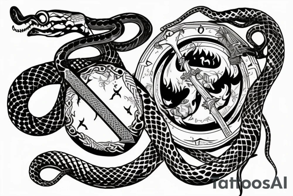 a sword attacking a shield and snakes around them tattoo idea