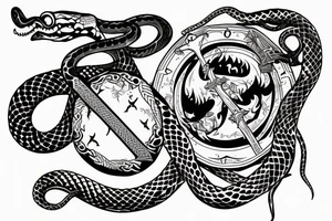 a sword attacking a shield and snakes around them tattoo idea