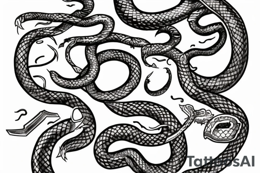 a sword attacking a shield and snakes around them tattoo idea