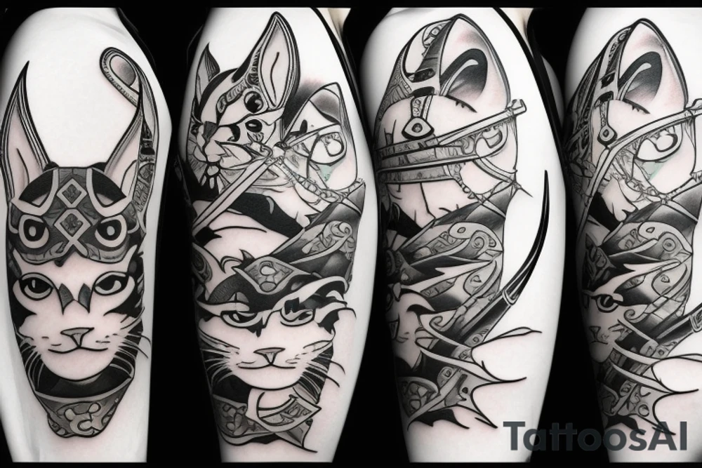 White cat in ninja or samurai costume tattoo idea