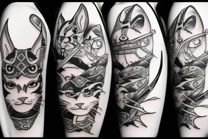 White cat in ninja or samurai costume tattoo idea