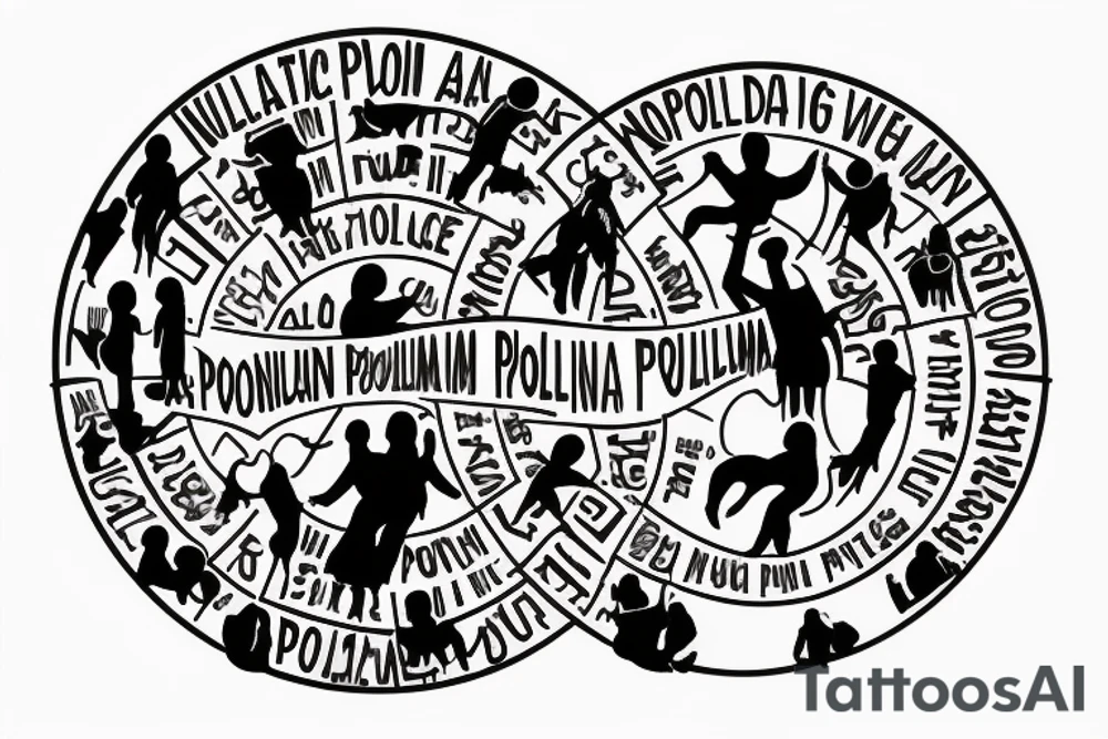 Wording "Nulla poloniam ad corpus meus" in a circle around silhouettes of 2-3 people standing in a conga line tattoo idea