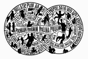 Wording "Nulla poloniam ad corpus meus" in a circle around silhouettes of 2-3 people standing in a conga line tattoo idea