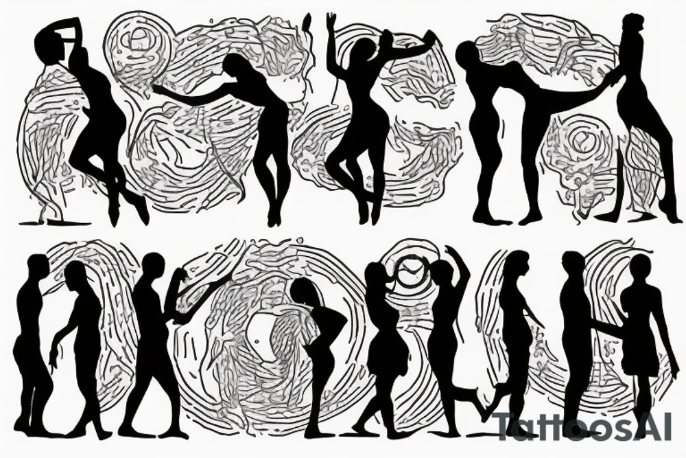 Wording "Nulla poloniam ad corpus meus" in a circle around silhouettes of 2-3 people standing in a conga line tattoo idea