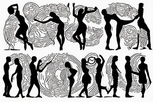 Wording "Nulla poloniam ad corpus meus" in a circle around silhouettes of 2-3 people standing in a conga line tattoo idea