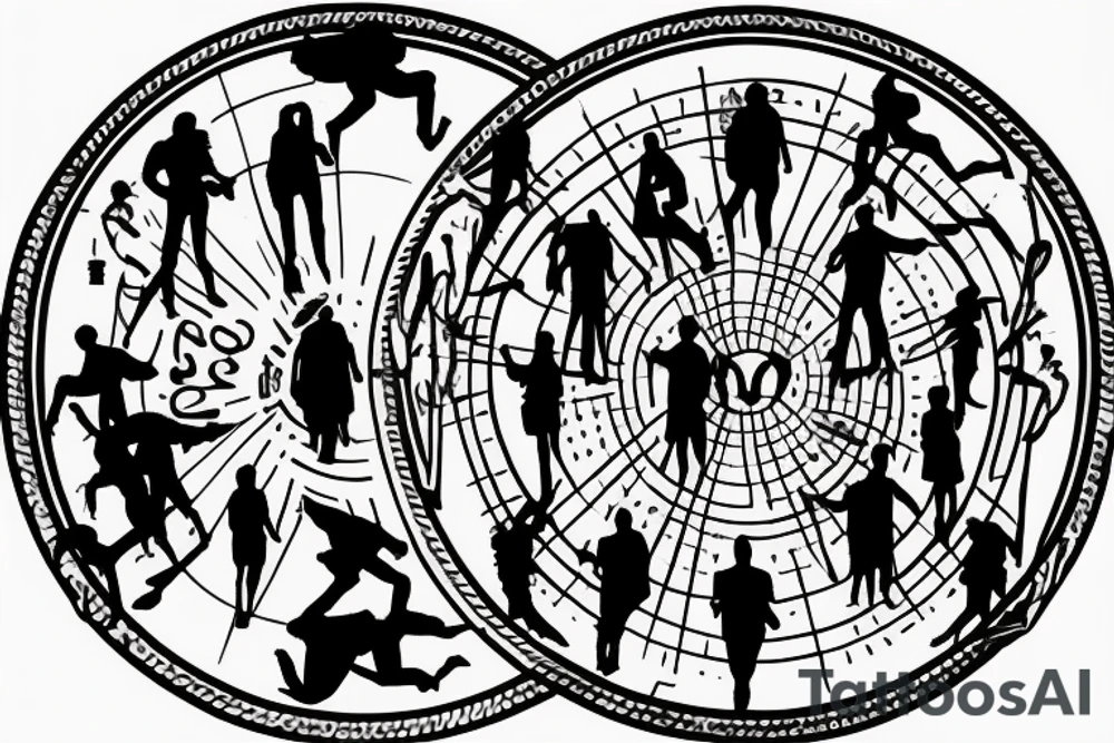 Wording "Nulla poloniam ad corpus meus" in a circle around silhouettes of 2-3 people standing in a conga line tattoo idea