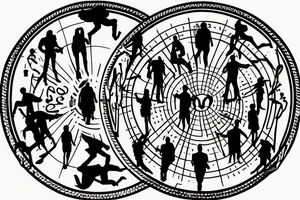 Wording "Nulla poloniam ad corpus meus" in a circle around silhouettes of 2-3 people standing in a conga line tattoo idea