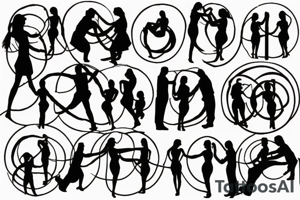 Wording "Nulla poloniam ad corpus meus" in a circle around silhouettes of 2-3 people standing in a conga line tattoo idea