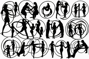 Wording "Nulla poloniam ad corpus meus" in a circle around silhouettes of 2-3 people standing in a conga line tattoo idea