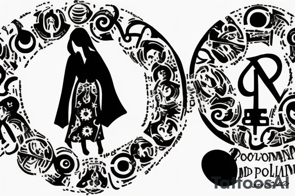 the phrase: "Nulla poloniam ad corpus meus" in a circle around silhouettes of 2-3 people standing in a conga line tattoo idea