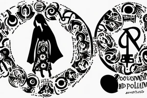 the phrase: "Nulla poloniam ad corpus meus" in a circle around silhouettes of 2-3 people standing in a conga line tattoo idea