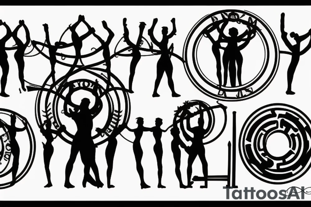 the phrase: "Nulla poloniam ad corpus meus" in a circle around silhouettes of 2-3 people standing in a conga line tattoo idea