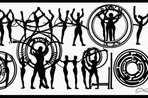 the phrase: "Nulla poloniam ad corpus meus" in a circle around silhouettes of 2-3 people standing in a conga line tattoo idea