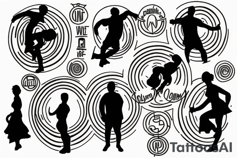 the phrase: "Nulla poloniam ad corpus meus" in a circle around silhouettes of 2-3 people standing in a conga line tattoo idea