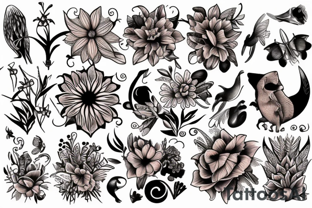 Flower with animals tattoo idea