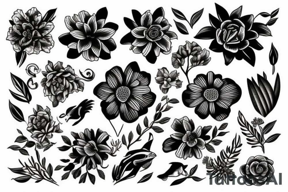 Flower with animals tattoo idea