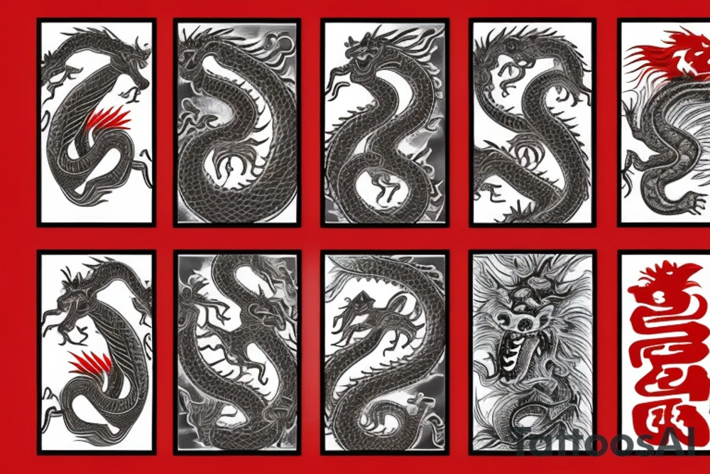 Doorway with the number 16 on it. A chinese dragon coming out from behind, as well as a chinese red envelope, a german shepherd, tattoo idea