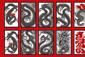 Doorway with the number 16 on it. A chinese dragon coming out from behind, as well as a chinese red envelope, a german shepherd, tattoo idea