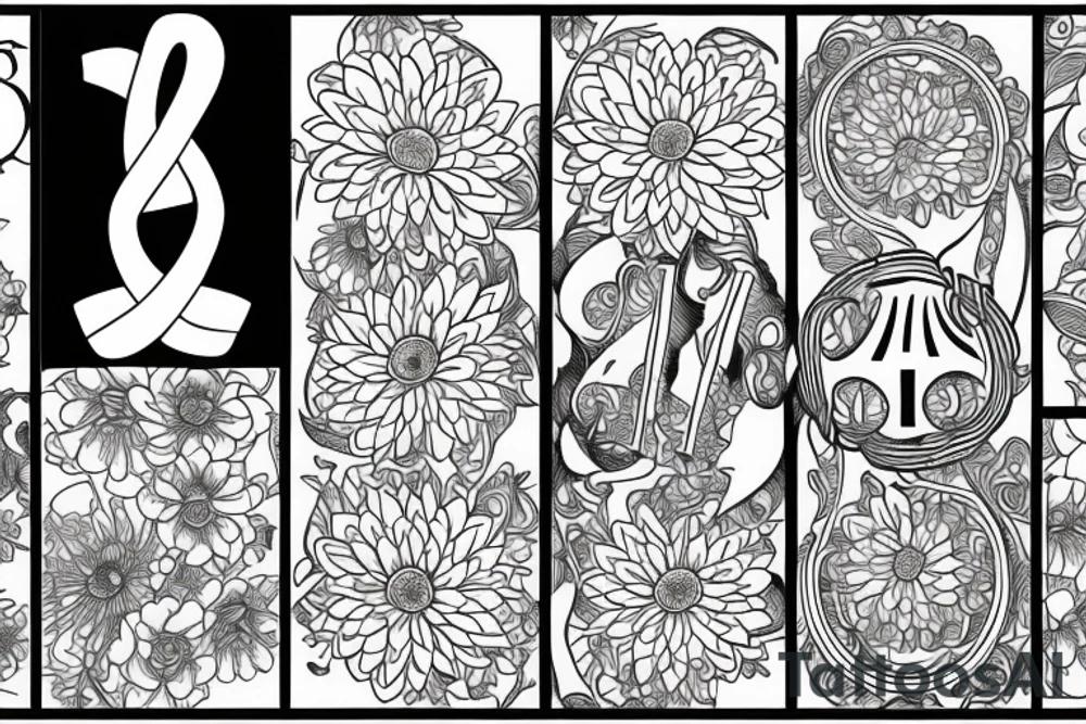 tattoo for late grandmother with sun and 
chrysanthemum and the date 06.07.1955 and infinity sign tattoo idea