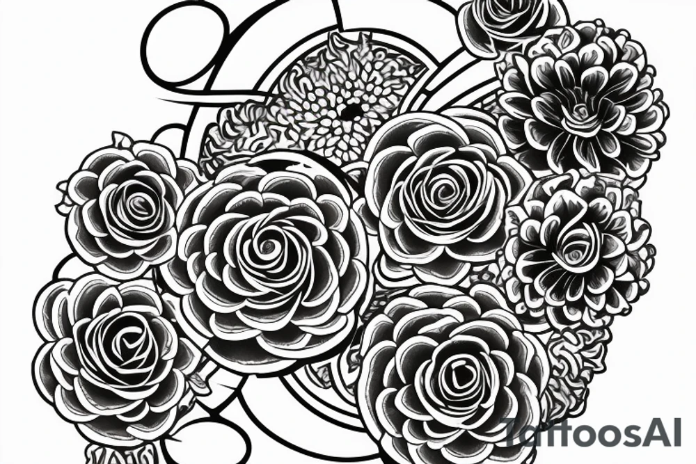 tattoo for late grandmother with sun and
chrysanthemum and the date 06.07.1955 and infinity sign tattoo idea