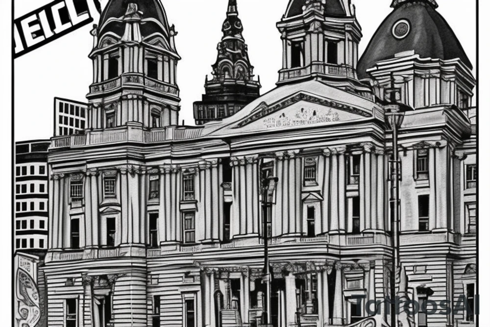 Philadelphia City hall from broad street. Philadelphia Eagles official logo placement left of building tattoo idea