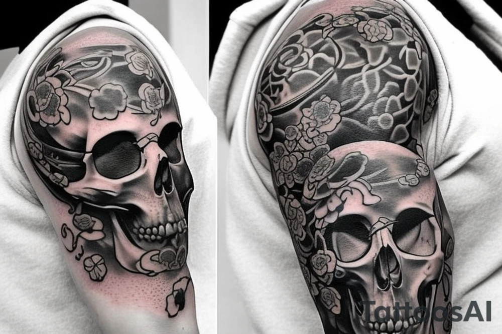 Half sleeve tattoo. Must have a skull and a cross behind the skull. There must be 3 koi fish. it must have fading tattoo idea