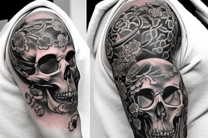 Half sleeve tattoo. Must have a skull and a cross behind the skull. There must be 3 koi fish. it must have fading tattoo idea