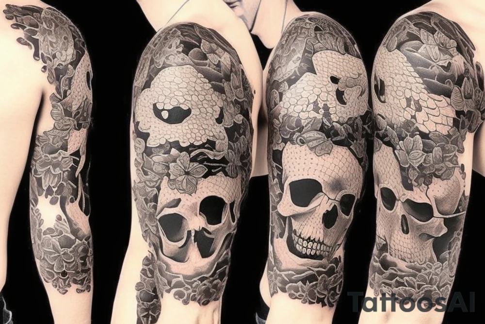 Half sleeve tattoo. Must have a skull and a cross behind the skull. There must be 3 koi fish. it must have fading tattoo idea