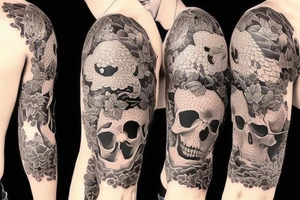 Half sleeve tattoo. Must have a skull and a cross behind the skull. There must be 3 koi fish. it must have fading tattoo idea