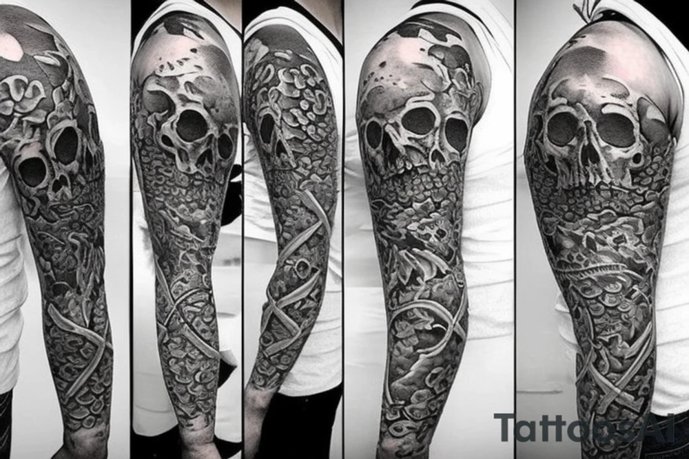 Half sleeve tattoo. Must have a skull and a cross behind the skull. There must be 3 koi fish. it must have fading tattoo idea