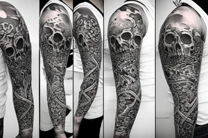 Half sleeve tattoo. Must have a skull and a cross behind the skull. There must be 3 koi fish. it must have fading tattoo idea