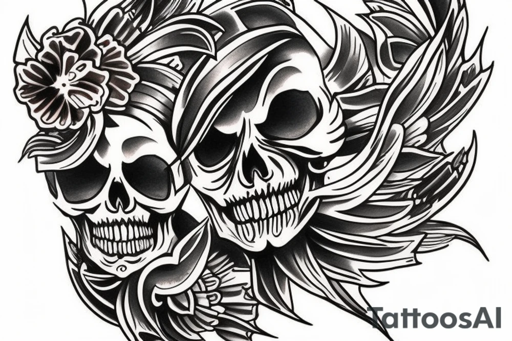 Half sleeve tattoo. Must have a skull and a cross behind the skull. There must be 3 koi fish. it must have fading tattoo idea