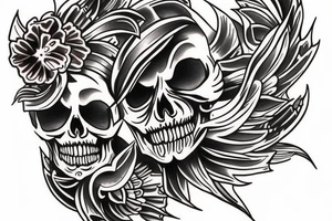 Half sleeve tattoo. Must have a skull and a cross behind the skull. There must be 3 koi fish. it must have fading tattoo idea