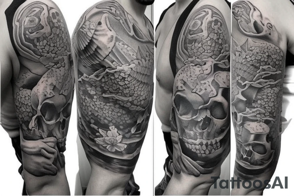 Half sleeve tattoo. Must have a skull and a cross behind the skull. There must be 3 koi fish surrounding the tattoo. it must have fading tattoo idea