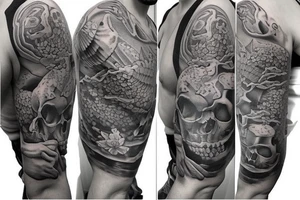Half sleeve tattoo. Must have a skull and a cross behind the skull. There must be 3 koi fish surrounding the tattoo. it must have fading tattoo idea