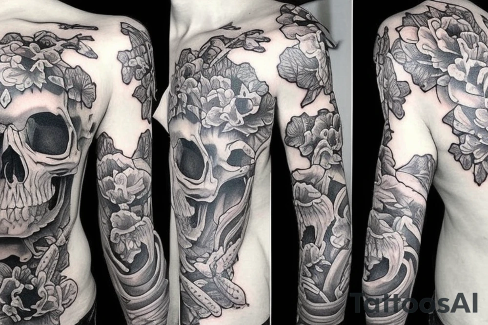 Half sleeve tattoo. Must have a skull and a cross behind the skull. There must be 3 koi fish surrounding the tattoo. it must have fading tattoo idea