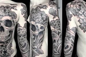 Half sleeve tattoo. Must have a skull and a cross behind the skull. There must be 3 koi fish surrounding the tattoo. it must have fading tattoo idea