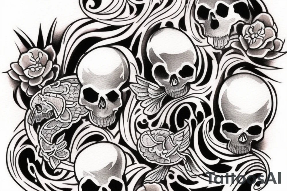 Half sleeve tattoo. Must have a skull and a cross behind the skull. There must be 3 koi fish surrounding the tattoo. it must have fading tattoo idea