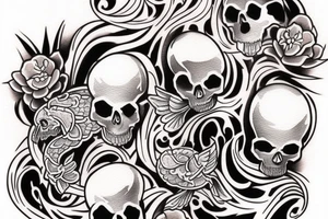Half sleeve tattoo. Must have a skull and a cross behind the skull. There must be 3 koi fish surrounding the tattoo. it must have fading tattoo idea