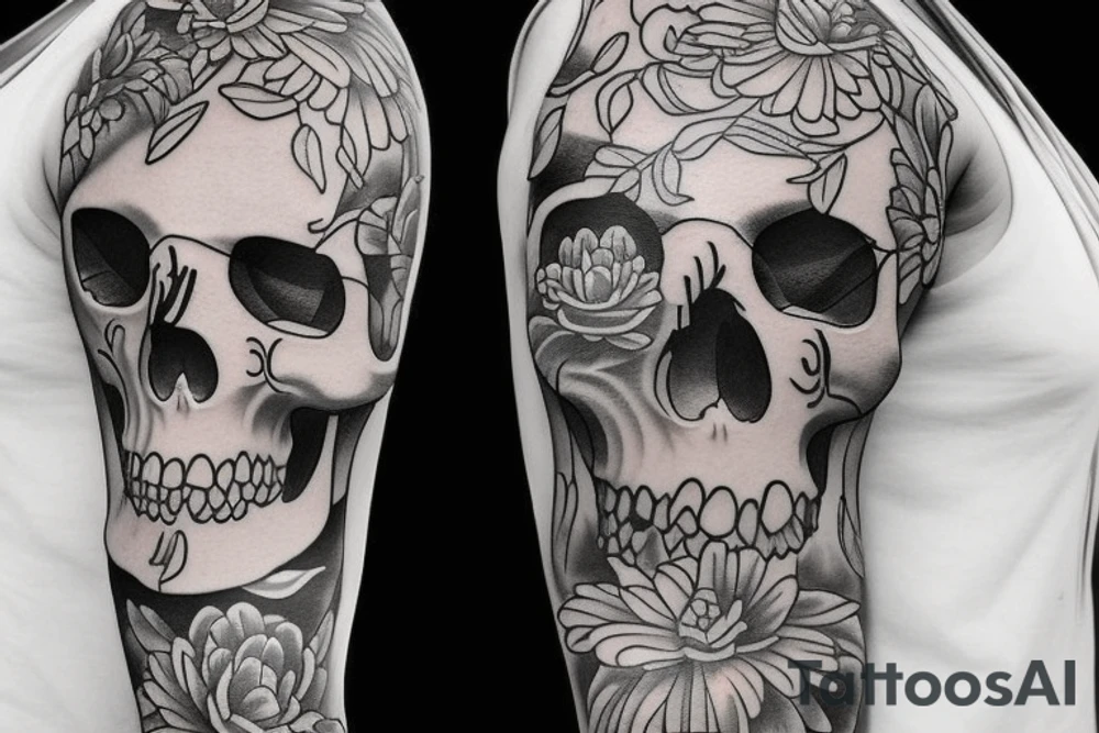 Half sleeve tattoo. Must have a skull and a cross behind the skull. There must be 3 koi fish surrounding the tattoo. it must have fading tattoo idea