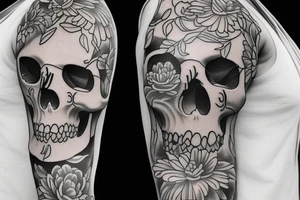 Half sleeve tattoo. Must have a skull and a cross behind the skull. There must be 3 koi fish surrounding the tattoo. it must have fading tattoo idea