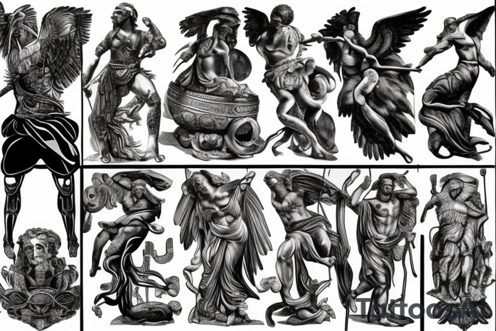 Roman god battle stance tattoo idea